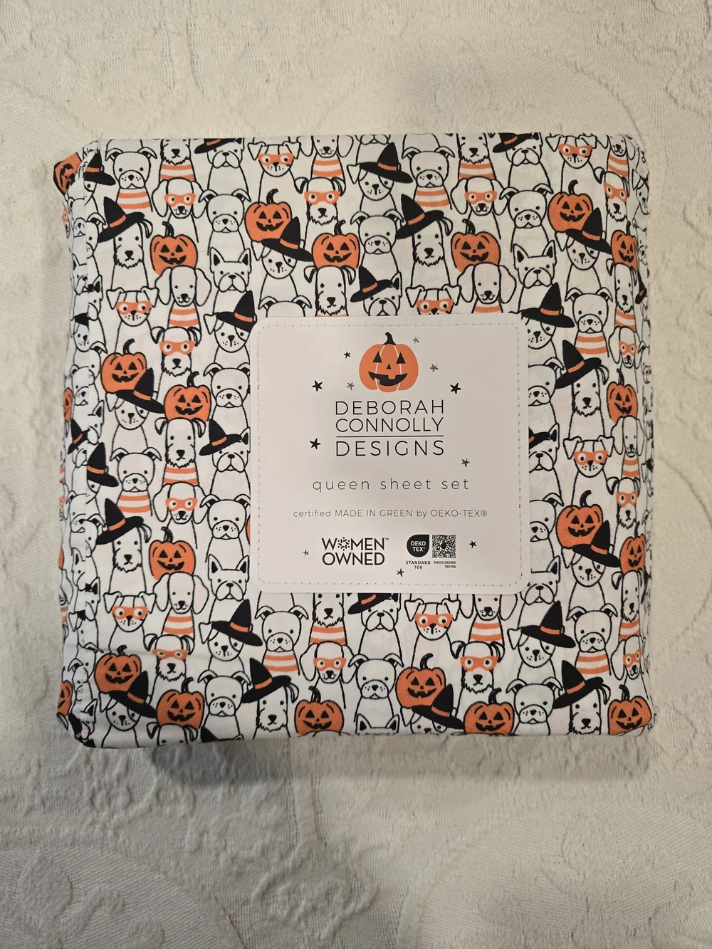 Halloween Pumpkin & Dog Queen Sheet Set - White & Orange